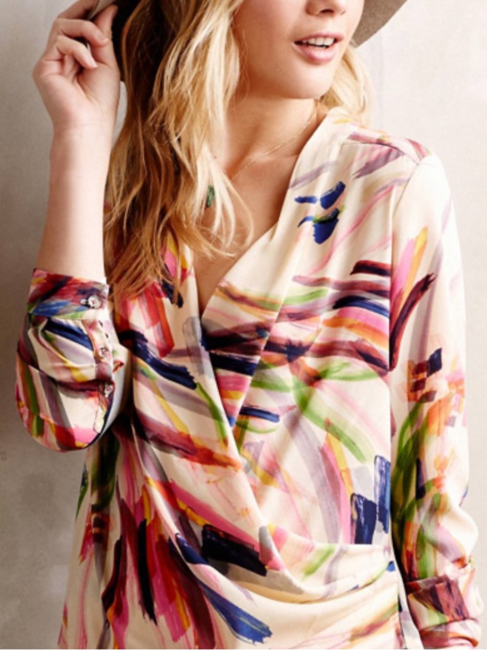 HD in Paris Sz 12 Blouse Abstract Brushstroke Faux Wrap Anthropologie Workwear